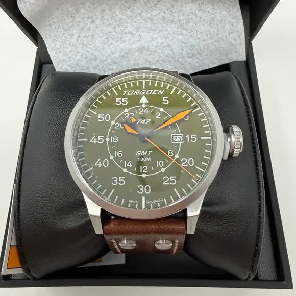 TORGOEN TN-1209U T47 Jumbo Green Sapphire GMT 47mm Brown Leather Strap New - Picture 4 of 11